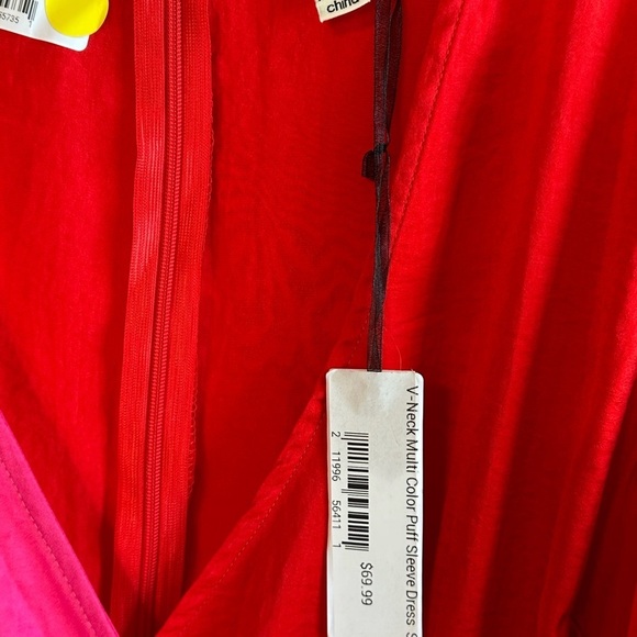 NWT Dress Day Red and Pink Satin V Neck Bishop Sleeve Wrap Dress Sz S - Picture 6 of 12